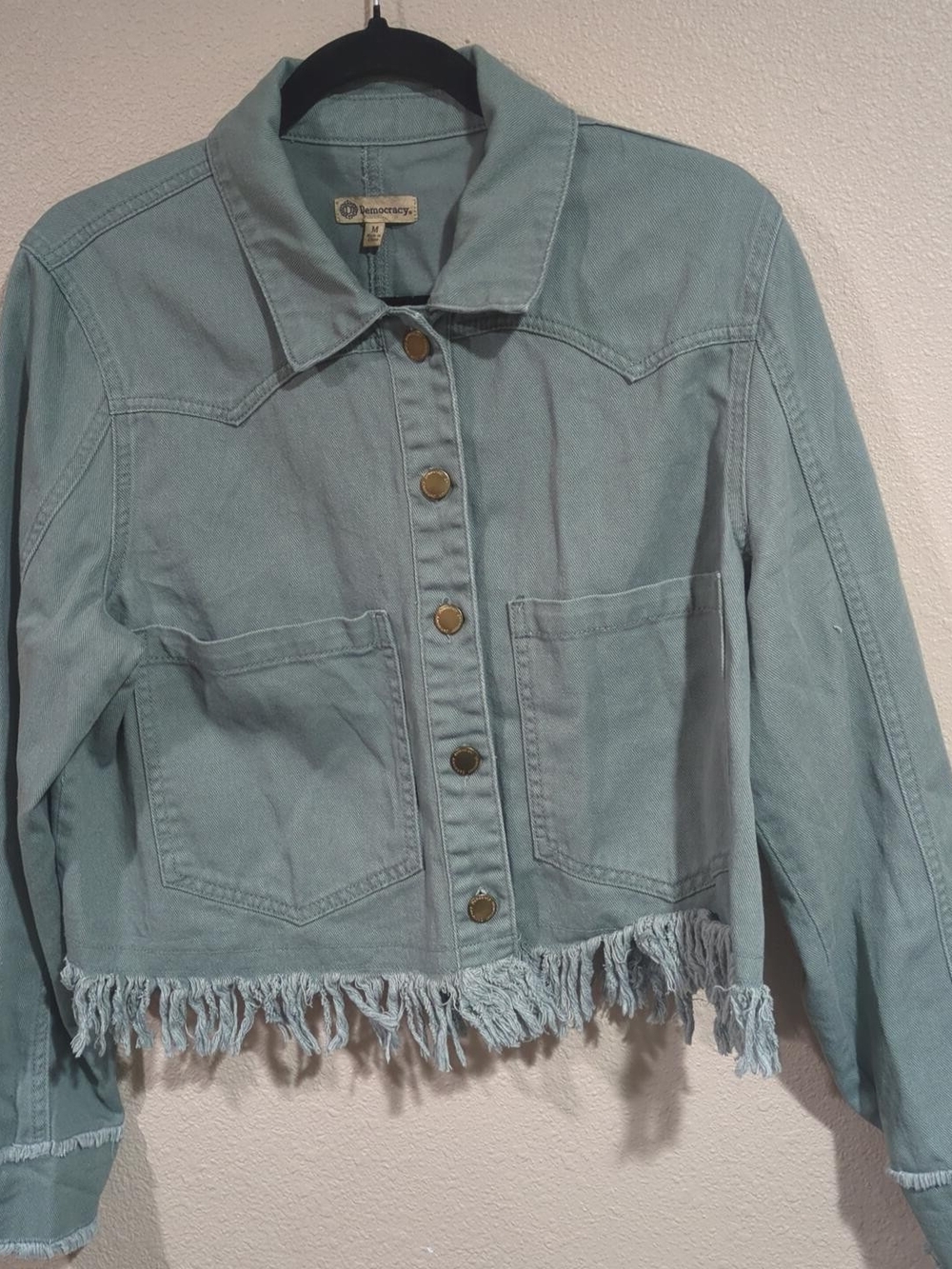 Frayed Hem Light Green Denim Jacket -Democracy Brand